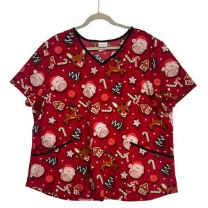 Rudolph Red-Nosed Reindeer Christmas Scrub Top 2XL Red Santa Holiday
